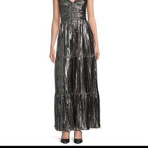 DKNY by Donna Karan Foil V-Neck Sleeveless Tiered Maxi Dress
